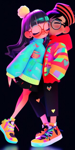 Una pareja de dibujos animados con ropa colorida abrazándose en un fondo negro