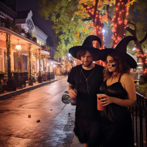 Pareja con disfraces de Halloween tomándose selfie en una fiestacelebrando con amigos en la fiesta de Halloween