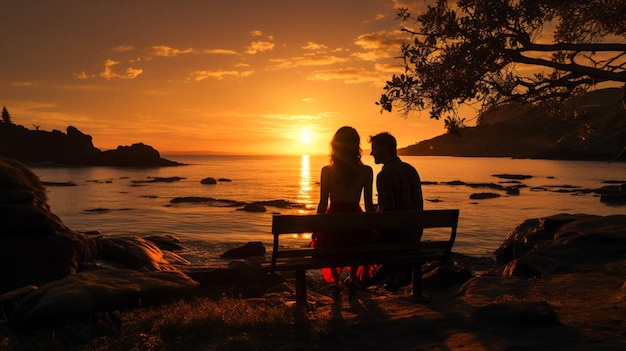 Una pareja disfruta del amor relajado y del momento romántico al atardecer