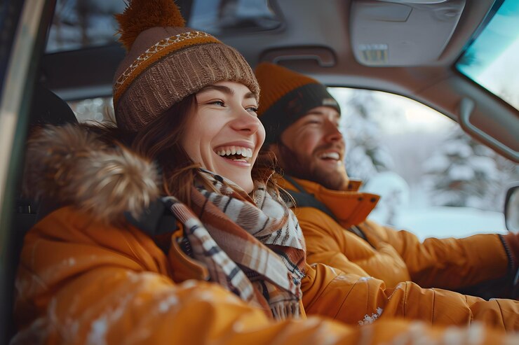 Una pareja disfruta de un paseo panorámico por las montañas nevadas