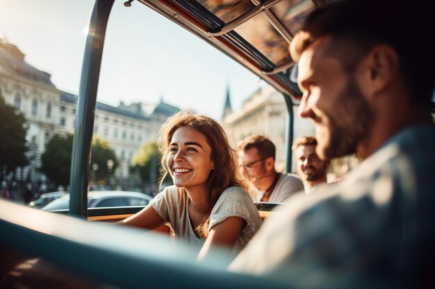 Una pareja disfruta de un recorrido en autobús por la ciudad de verano