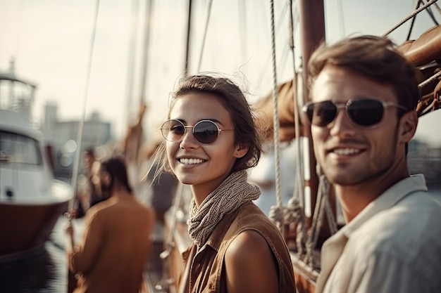 La pareja disfruta de un viaje romántico y aventurero en un velero que navega por las aguas cristalinas y contempla el impresionante paisaje que los rodea IA generativa