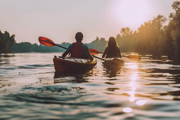 Una pareja disfrutando de una aventura en kayak en tándem