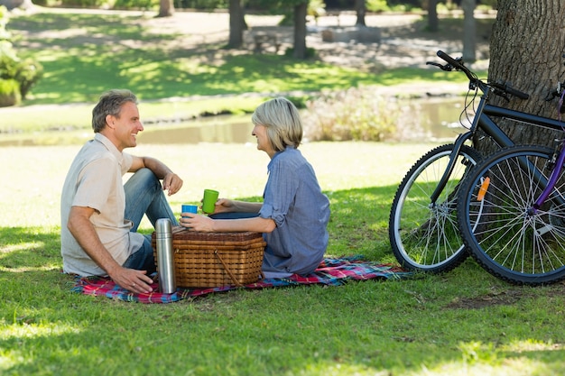 Pareja disfrutando de bebidas en picnic