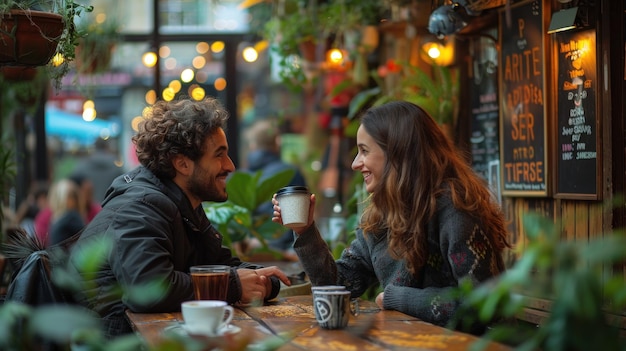 Una pareja disfrutando de un café en un acogedor café al aire libre
