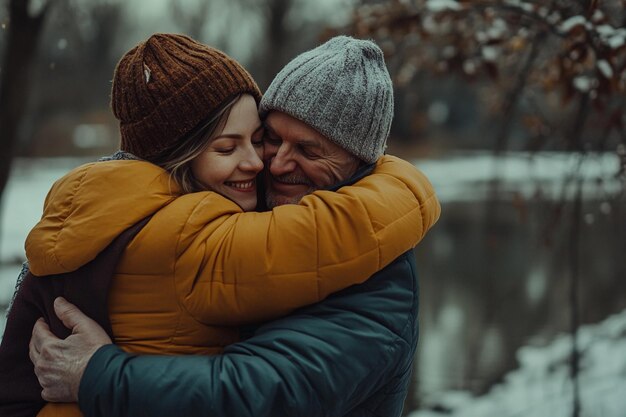 Una pareja disfrutando de un cálido abrazo en invierno por una serena orilla del lago AI generativa