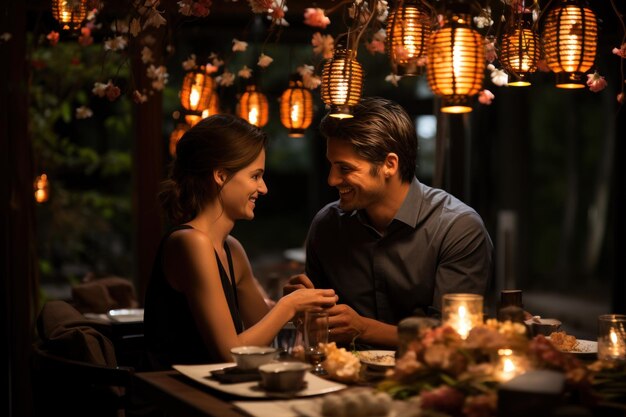 Pareja disfrutando de una cena en un jardín encendido por una linterna japonesa, boda de compromiso e imagen de aniversario.