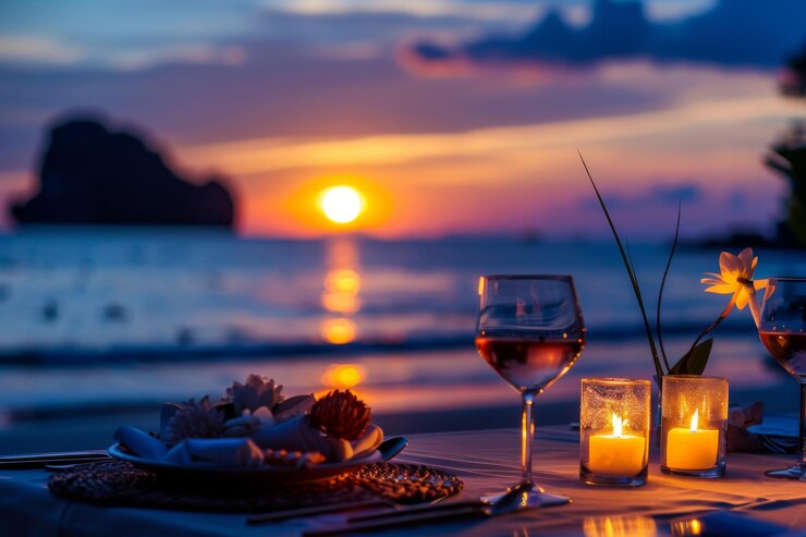 Una pareja disfrutando de una cena romántica en la playa al atardecer rodeada de velas y una hermosa vista del océano