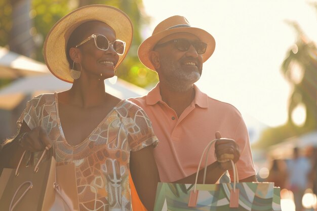 Una pareja disfrutando de las compras bajo el sol