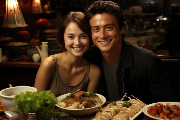 Una pareja disfrutando de una deliciosa experiencia culinaria asiática