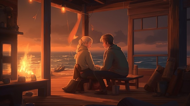 Pareja disfrutando del momento en la playa con chimenea ilustración de arte digital AI generativa