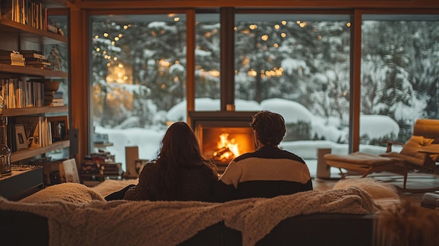 Una pareja disfrutando de una noche de invierno junto a la chimenea
