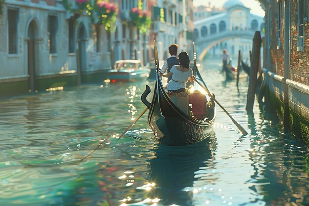 Foto una pareja disfrutando de un paseo en góndola en venecia