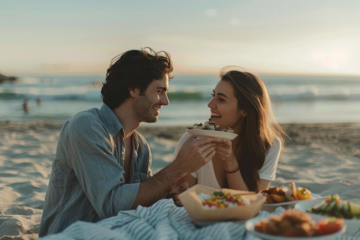 Una pareja disfrutando de un picnic en la playa riendo y compartiendo comida con el océano y los acantilados en el fondo