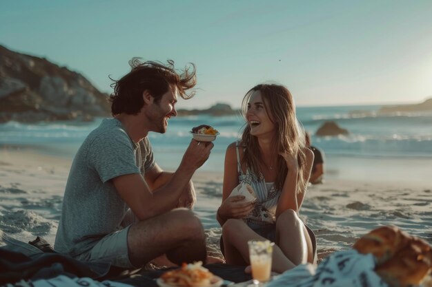 Una pareja disfrutando de un picnic en la playa riendo y compartiendo comida con el océano y los acantilados en el fondo