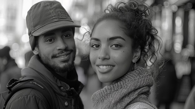 Foto pareja disfrutando del tiempo al aire libre en tema blanco y negro