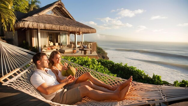 Foto una pareja disfrutando de vacaciones matutinas en una playa tropical en un bungalow con vistas al océano.