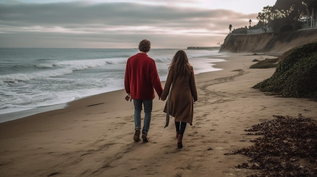 Una pareja diversa caminando de la mano en una playa