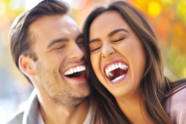 Una pareja divertida riendo mostrando sonrisas blancas perfectas y un beso apasionado.