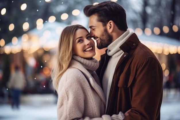 pareja divirtiéndose en el hielo Mujer y hombre patinando al aire libre en un día soleado y nevado Cita activa en el hielo