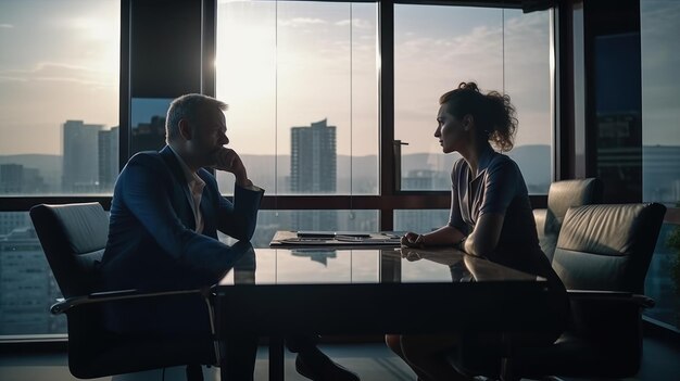 Una pareja de ejecuciones relajadas y sonrientes teniendo una postura en una oficina moderna