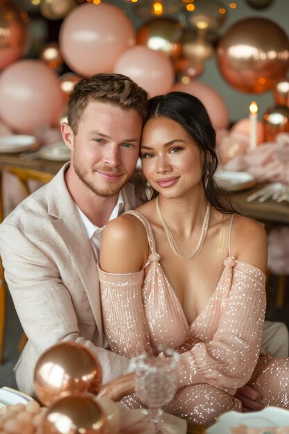 Una pareja elegante se abraza con trajes glamurosos en una fiesta sofisticada con globos y decoraciones