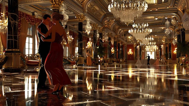 Una pareja elegante bailando en un lujoso salón de baile con candelabros de cristal y pisos de mármol