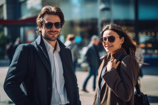 Una pareja elegante caminando por la ciudad Concepto de estilo de vida de moda urbana