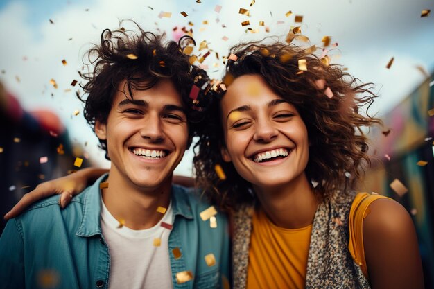 Pareja elegante celebrando un evento con confeti cayendo en el fondo