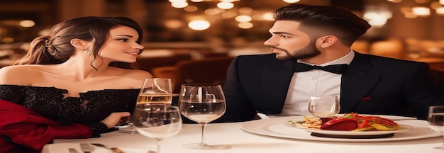 Una pareja elegante disfrutando de una cena romántica en un restaurante chic vestida a la última moda