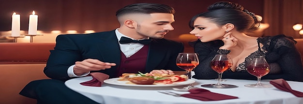 Una pareja elegante disfrutando de una cena romántica en un restaurante chic vestida a la última moda