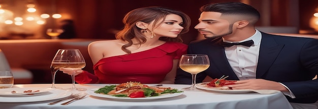 Una pareja elegante disfrutando de una cena romántica en un restaurante chic vestida a la última moda