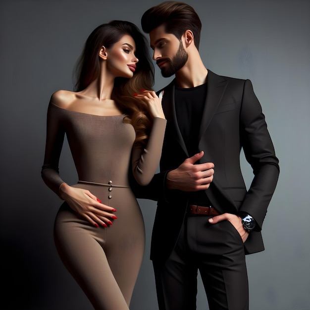 Una pareja elegante y elegante enamorada tomándose de las manos y mirándose con placer.