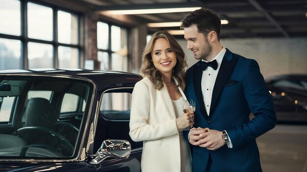 Una pareja elegante y elegante en un salón de automóviles.