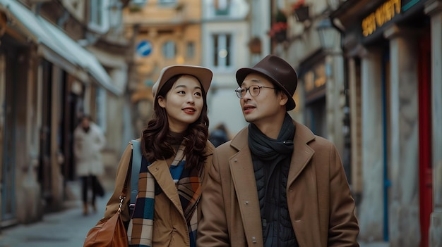 Una pareja elegante explorando las calles de la ciudad en otoño usa una exploración urbana casual con un toque de romance, IA acogedora y a la moda.