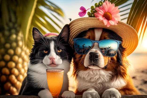 Pareja elegante gato y perro relajándose en la playa tropical al atardecer generativo ai