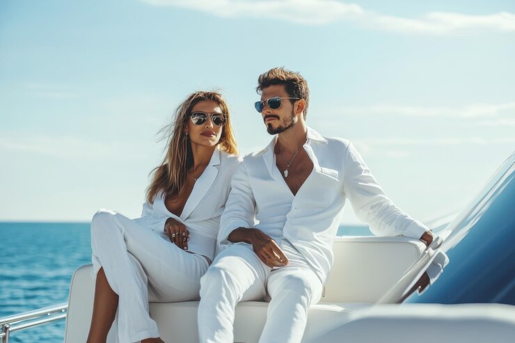 Una pareja elegante vestida de blanco disfruta de un lujoso paseo en barco que exuda elegancia y relajación contra un impresionante fondo oceánico