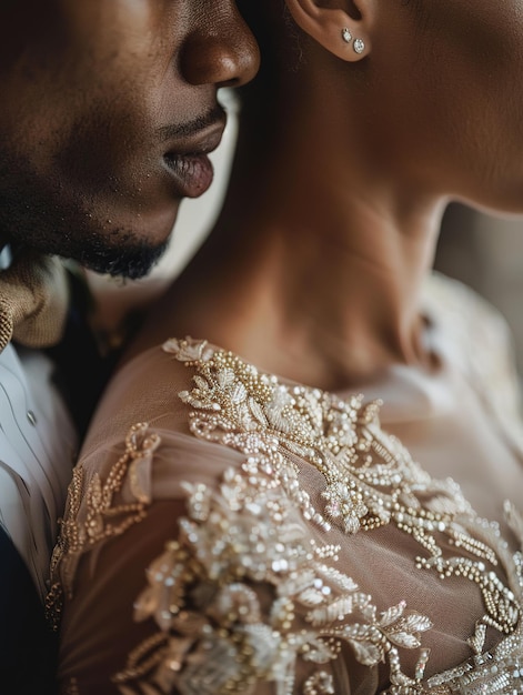 Una pareja elegante en vestidos formales, un primer plano del exquisito vestido de novia y los detalles del traje del novio, perfectos para la inspiración y la celebración de la boda.