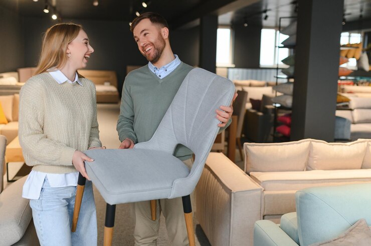 Foto pareja elige sillas para el hogar en una tienda