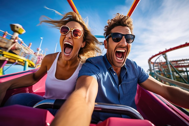 Una pareja emocionada disfrutando de un emocionante viaje a alta velocidad en un parque de diversiones IA generativa