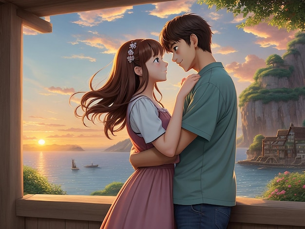 Una pareja enamorada abraza a un joven y una chica de apariencia atractiva se miran a los ojos bajo el sol poniente con una hermosa atmósfera romántica natural generada