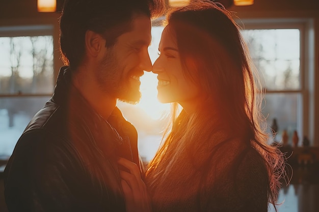 Una pareja enamorada abrazándose en el resplandor del atardecer en primer plano