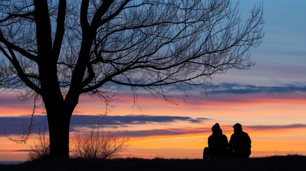 Una pareja enamorada bajo el árbol durante la puesta de sol.