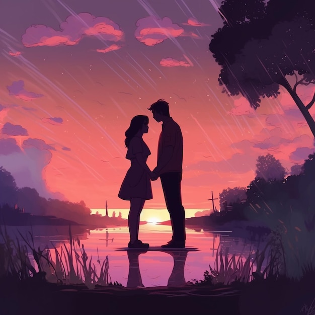 Una pareja enamorada de un atardecer de fondo