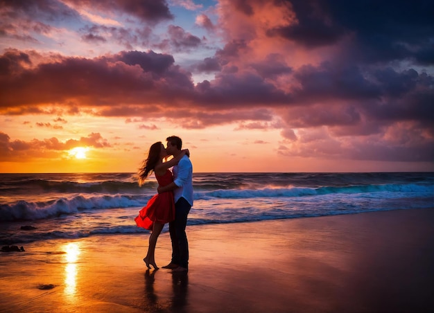 Una pareja enamorada bailando en la playa al atardecer un momento romántico