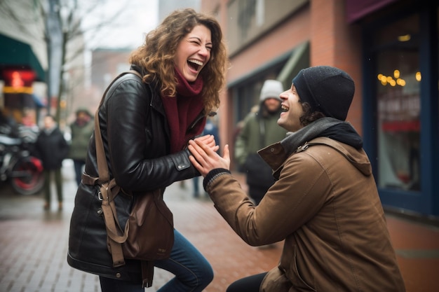 pareja enamorada en la calle de la ciudad riendo y divirtiéndose