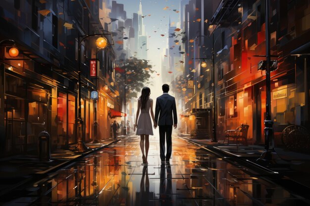 Una pareja enamorada caminando por las calles de una ciudad futurista por la noche