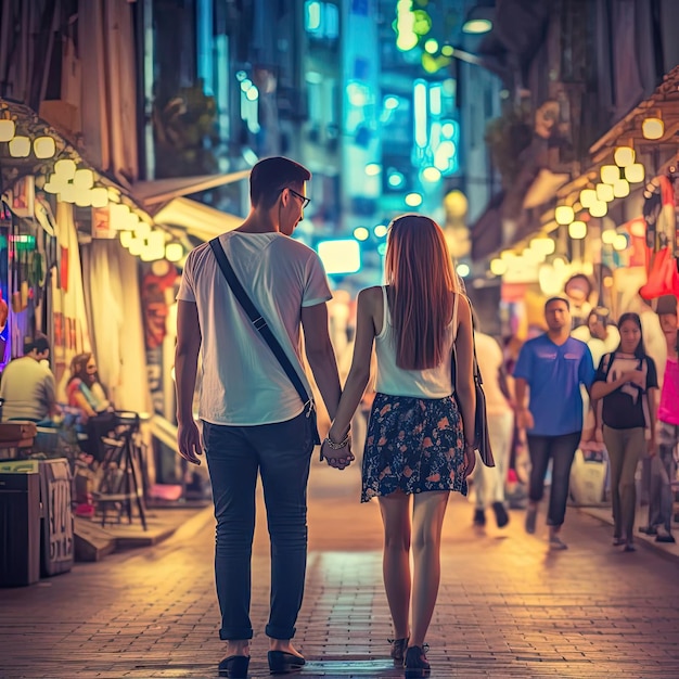 Pareja enamorada caminando en la ciudad por la noche concepto de amor