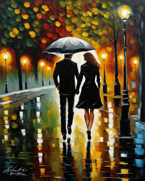 Una pareja enamorada caminando por París en la noche de otoño lluviosa y brumosa pintura digital con pinceladas profundas