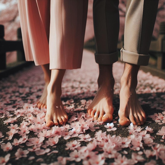 Foto una pareja enamorada caminando sobre el fondo de flores de cerezo rosadas
